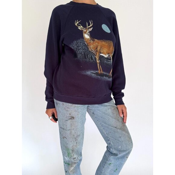 90s vintage blue deer animal nature wildlife graphic distressed pullover sweater - Picture 7 of 8